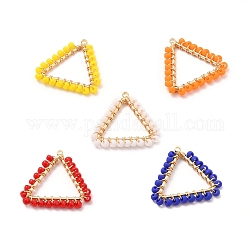 Pendentifs en perles de rocaille en verre opaque mat, avec les accessoires en laiton, triangle, véritable 18k plaqué or, couleur mixte, 18.5x20x2mm, Trou: 1mm, perles: 2x1.5 mm