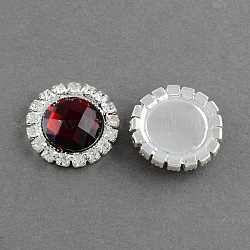 Shining Flat Back Faceted Half Round Acrylic Rhinestone Cabochons, with Grade A Crystal Rhinestones and Brass Cabochon Settings, Silver Metal Color, Dark Red, 21x5.5mm