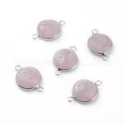 Conectores de enlaces de cuarzo rosa natural, Con ajustes de conector cabujón de latón en tono platino, plano y redondo con árbol, 23~24x15~16x5~6mm, agujero: 2.5 mm