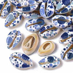 Bedruckte natürliche Kaurimuschel Perlen, kein Loch / ungekratzt, mit marinem Organismusmuster, Kornblumenblau, 18~25x12~15x7 mm