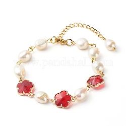 Plum Blossom Flower Glass Link Bracelet for Girl Women, Natural Pearl Beads Bracelet, Golden, Red, 7-1/8 inch(18cm)