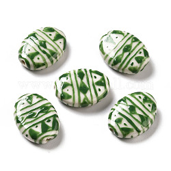 Perles de porcelaine imprimées manuelles, ovale avec motif triangle, lime green, 18x14.5x5mm, Trou: 1.6mm