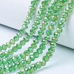 Galvanisieren Glasperlen, ab Farbe plattiert, facettiert, Rondell, hellgrün, 4x3 mm, Bohrung: 0.4 mm, ca. 123~127 Stk. / Strang, 16.5~16.9 Zoll (42~43 cm)