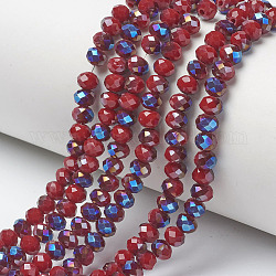 Electroplate Opaque Solid Color Glass Beads Strands, Half Plated, Blue Plated, Faceted, Rondelle, FireBrick, 4x3mm, Hole: 0.4mm, about 123~127pcs/strand, 16.5~16.9 inch(42~43cm)