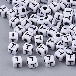 Weiße undurchsichtige Acrylperlen, horizontales Loch, Würfel mit schwarzem Alphabet, letter.t, 4~5x4~5x4~5 mm, Bohrung: 1.8 mm, ca. 240 Stk. / 20 g
