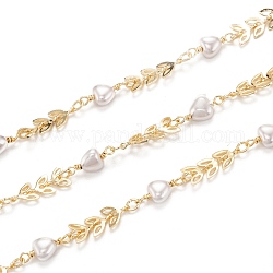 3.28 Feet Brass Cobs Chains, with White Heart CCB Plastic Beads, Unwelded, Long-Lasting Plated, Arrows, Golden, Arrows: 7x6x1.5mm, CCB Beads: 14x6x3.5mm