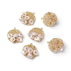 Pendenti con perle placcate elettroliticamente, filigrana, con accessori di ottone, rotondo e piatto, oro, 20x22x7.3mm, Foro: 1.2 mm