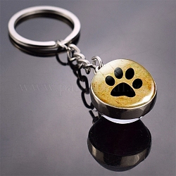 Porte-clés boule double face en verre à motif d'empreinte de patte de chien, avec accessoire en alliage, pour sac à dos, décor porte-clés, verge d'or, 8 cm