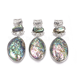 Grandi pendenti conchiglia abalone naturale / conchiglia paua, con accessori di ottone, ovale, platino, 78~84mm, Foro: 5x7 mm