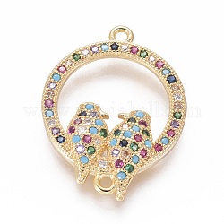 Brass Micro Pave Cubic Zirconia Links connectors, Ring with Bird, Colorful, Golden, 23x18x3.5mm, Hole: 1.2mm