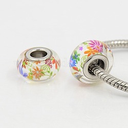 5PCS Colorful Large Hole Beads, Platinum Color Brass Double Cores Glass European Beads, Rondelle with Pattern, 14~14.5x8mm, Hole: 5mm