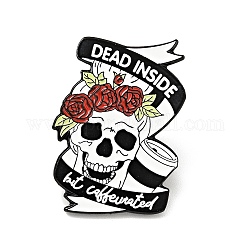 Skull with Rose Halloween Enamel Pin, Word Dead Inside But Caffeinated Alloy Badge for Backpack Clothes, Electrophoresis Black, Red, 27x20x1.5mm