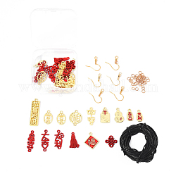 15 pièces connecteurs et pendentifs en alliage de caractères chinois, avec 5 m de cordon en coton ciré et 10 crochets de boucles d'oreilles en laiton pour kits de bijoux à bricoler soi-même, rouge