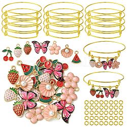 Kit per realizzare braccialetti con ciondoli fai da te, inclusa la realizzazione di braccialetti espandibili in ferro regolabile, lega di fascini dello smalto, fragola, ciliegia e fiore, roso, 77pcs/scatola