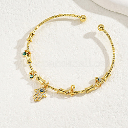 Golden Brass Open Cuff Bangles, with Cubic Zirconia Evil Eye Charms for Women, Palm, Inner Diameter: 2-3/8~2-3/4 inch(6~7cm) 