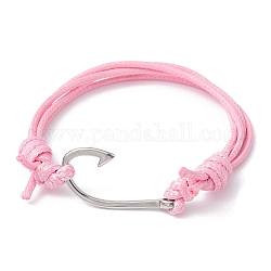 Bracelet à maillons en acier inoxydable forme 304 hameçon, bracelets réglables en cordon de polyester ciré, rose, diamètre intérieur: 2-1/4~3-7/8 pouce (5.7~9.8 cm)