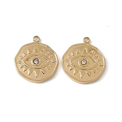 Vacuum Plating 201 Stainless Steel Pendants, Crystal Rhinestone Flat Round with Eye Pattern Charms, Real 18K Gold Plated, 17x15x2mm, Hole: 1.5mm