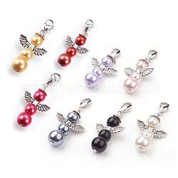 Alloy Pendants, with Brass Lobster Claw Clasps and Glass Pearl, Angel, Antique Silver, Mixed Color, 47mm