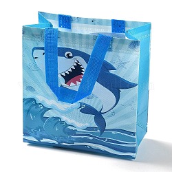 Bolsas de regalo plegables reutilizables no tejidas con estampado de dibujos animados de tiburón con asa, bolsa de compras portátil impermeable para envolver regalos, Rectángulo, azul dodger, 11x21.5x23 cm, doblez: 28x21.5x0.1cm