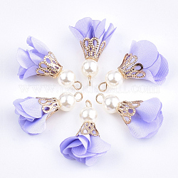 Ciondoli di ferro, con un panno e una perla imitazione plastica abs, fiore, oro, lilla, 25~32x15~25mm, Foro: 1~4 mm