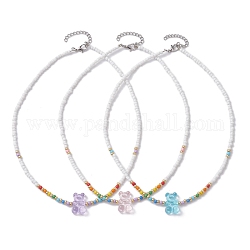 3 collier de perles en acrylique en forme d'ours., avec des perles en verre de graine, couleur mixte, 16.10 pouce (40.9 cm), 3 pièces / kit