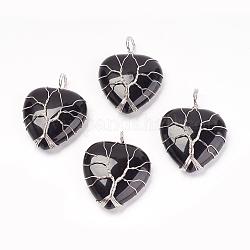 Pendentifs en agate noire naturelle, avec les accessoires en laiton, cœur, teints et chauffée, platine, 39~42x30~31x10~11mm, Trou: 5mm