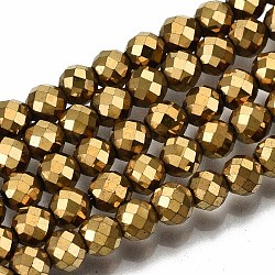 Electroplate Non-magnetic Synthetic Hematite Beads Strands, Round, Faceted, Golden Plated, 4mm, Hole: 1mm, about 108pcs/strand, 15.67 inch~15.91 inch(39.8cm~40.4cm)
