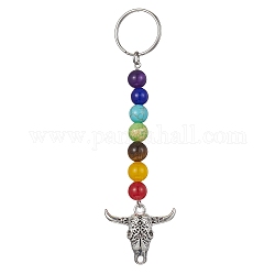 Tibetan Style Alloy Bull Head Kcychain, with Chakra Gemstone Bead and Stainless Steel Findings, 10.7cm