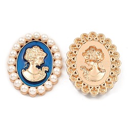 亜鉛合金エナメルカボション  プラスチック模造真珠付き  女性との楕円形  ライトゴールド  スチールブルー  53x42x7.5mm