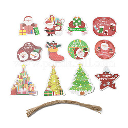 Große Anhängerdekorationen aus Papier zum Thema Weihnachten, Hängendes Ornament aus Hanfseil, Mischformen, Anhänger: 60~88x58~71x0.3 mm, 12 Stück / Set