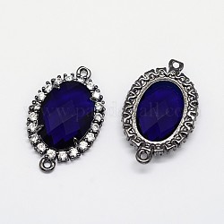 Gunmetal Plated Brass Faceted Glass Oval Links, with Micro Pave Cubic Zirconia, Dark Blue, 29x18x6mm, Hole: 1mm