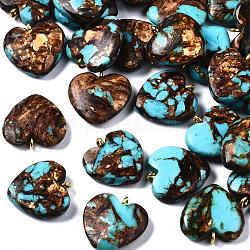Pendentifs assemblés en bronzite et turquoise synthétique, avec les accessoires en fer, cœur, or, 20~22x19~20x5~7mm, Trou: 2mm