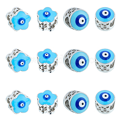 Nbeads 12pcs 2 styles de perles européennes en laiton émaillé, Perles avec un grand trou   , formes mélangées avec mauvais oeil, platine, lumière bleu ciel, 6 pièces / style
