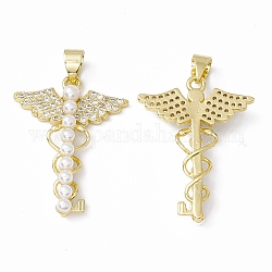 Rack Plating Brass Micro Pave Clear Cubic Zirconia Pendants, with Acrylic Bead, Long-Lasting Plated, Cadmium Free & Lead Free, Key with Wing, Real 18K Gold Plated, 27.5x20.5x4mm, Hole: 4x3mm