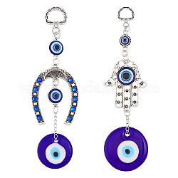 CHGCRAFT 2Pcs 2 Style Hamsa Hand/Hand of Miriam/Horse Shoe Pendant Decorations, Handmade Lampwork & Alloy & Resin Evil Eye Hanging Ornaments, Blue, 140mm and 184mm long, 1pc/style