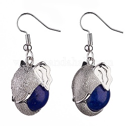 Boucles d'oreilles pendantes tête d'éléphant en lapis lazuli naturel, bijoux en laiton platine pour femme, 38mm, pin: 0.7 mm