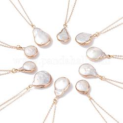 Brass Pendant Necklaces, with Plated Natural Baroque Pearl Keshi Pearl Pendants and Iron Findings, Flat Round, Golden, 14.8 inch(37.6cm) long, 1.2mm