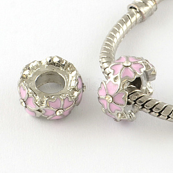 Émail rond plat avec alliage de tonalité fleur de platine grosses perles de trou, avec strass, perle rose, 12x6mm, Trou: 5mm