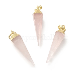 Quarzo rosa naturale ha ciondoli, ciondoli a cono sfaccettato, con accessori di ottone, oro, 34x8.5x8mm, Foro: 6.5x4 mm