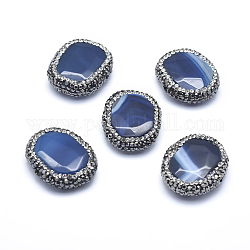 Natural & Dyed Agate Beads, with Polymer Clay Rhinestone, Oval, Blue, 25~26x21~22x7~8mm, Hole: 1mm