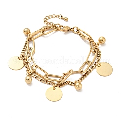Bracelet multirangs charm boule plate et boule ronde, placage sous vide 304 bracelet double chaîne en acier inoxydable pour femme, or, 7-1/2 pouce (19 cm)
