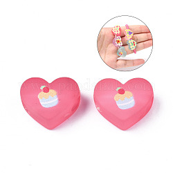 Transparent Printed Acrylic Beads, for Hair Rope DIY, Large Hole Beads, Rubberized Style, Heart with Cup Cake Pattern, Hot Pink, 14x18x8mm, Hole: 4mm