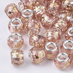 Прозрачное стекло европейские шарики, бусины с большим отверстием, с латунными двойными ядрами, платиновый оттенок, рондель с сакурой, розовые, 12x9.5 мм, отверстие : 5 мм