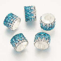 Fimo Perlen Strass europäischen, Großloch perlen, mit Platin-Ton Messing Einzeladern, Kolumne, Blau Zirkonia, 10x11~12 mm, Bohrung: 4.5 mm