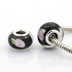 Handmade Lampwork European Large Hole Rondelle Beads, Inner Flower, with Silver Plated Brass Double Cores, Black, 15x10mm, Hole: 5mm