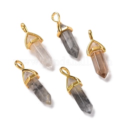 Natural Grey Quartz Pendants, Faceted, with Golden Tone Brass Findings, Lead free & Cadmium Free, Bullet, 27~30x9~10x7~8mm, Hole: 4x3mm