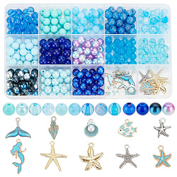 Pandahall élite océan thème bricolage fabrication de bijoux kits de accessoires, y compris les perles de verre, Perles acryliques, Pendentifs d'émail en alliage, coquille en spirale et forme d'étoile de mer et de poisson et de sirène, bleu, 7.5~9x7~9mm, Trou: 1.5~2.5mm