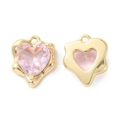 Adornos de latón micropavé de circonia cúbica, charm de corazón, real 18k chapado en oro, rosa, 13x11x4.5mm, agujero: 1.2 mm