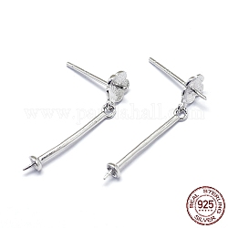 Accessoires pour boucles d'oreilles en argent sterling rhodié 925, pour la moitié de perles percées, bar, platine, 27x5.5mm, pin: 0.6 mm