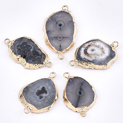 Connecteurs de liens en agate druzy naturelle galvanoplastie, avec les accessoires en fer, teinte, or, gris ardoise, 30~45x15~35x3~7.5mm, Trou: 2mm